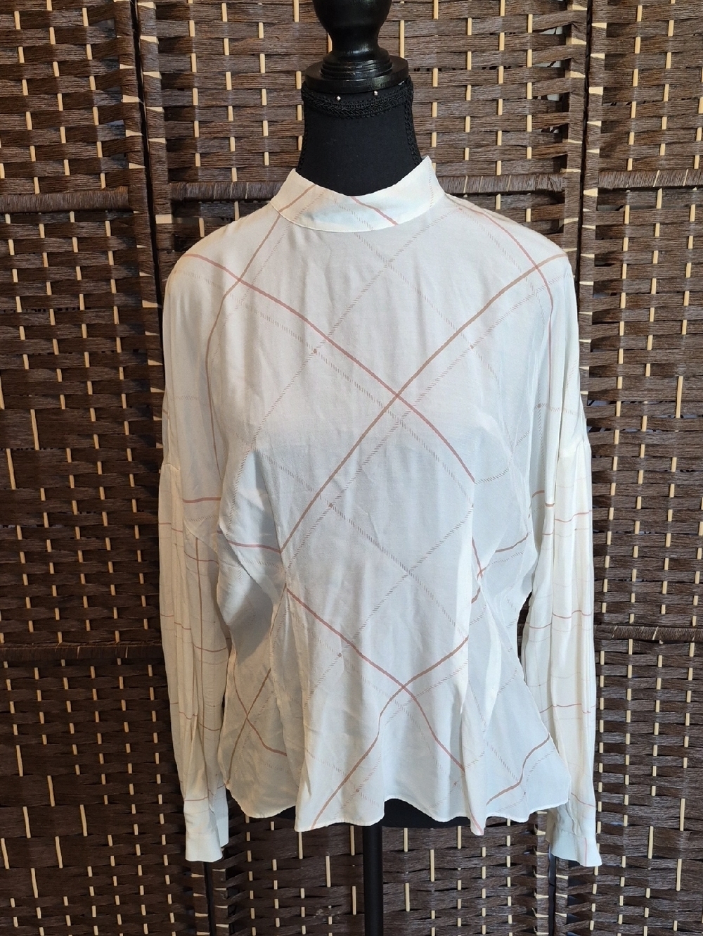 Massimo Dutti Cream Plaid Mock-Neck Long Sleeve Top